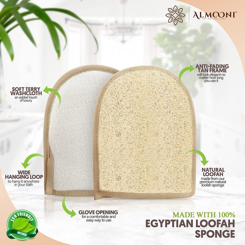 ALMOONI Premium Exfoliating Loofah Glove Pad Body Scrubber. Our Mitt Gloves are Made of Natural Egyptian Shower Loufa Sponge That Gets You Clean, Not Just Spreading Soap (2 Pack) - Image 2