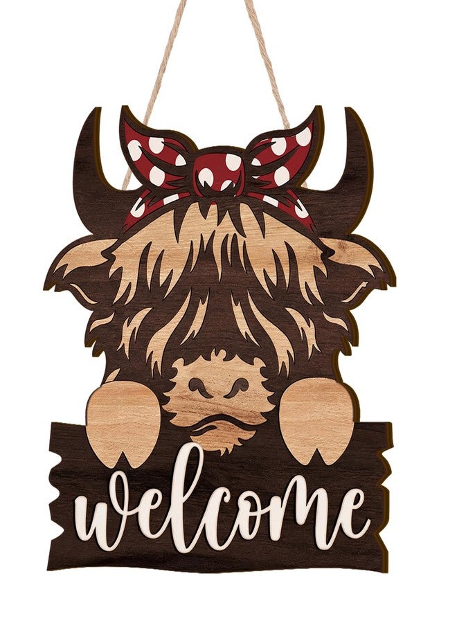 Sieral Highland Cow Decor Highland Cow Welcome Door Hanger Sign Rustic Brown Wooden Farmhouse Animal Decoration for Front Door Porch Window Decor Indoor Outdoor 12 x 11.87 Inches - Image 1