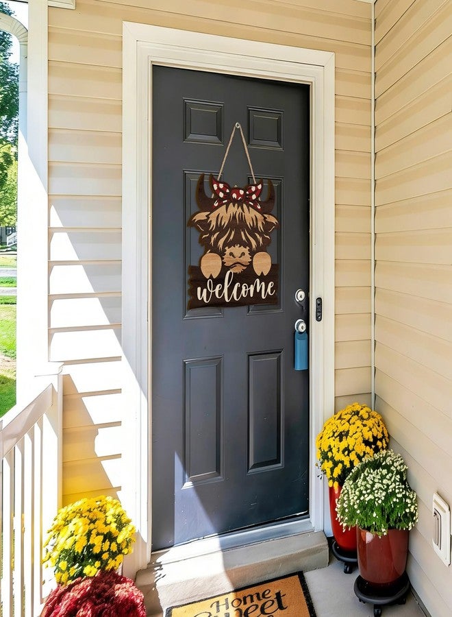 Sieral Highland Cow Decor Highland Cow Welcome Door Hanger Sign Rustic Brown Wooden Farmhouse Animal Decoration for Front Door Porch Window Decor Indoor Outdoor 12 x 11.87 Inches - Image 3