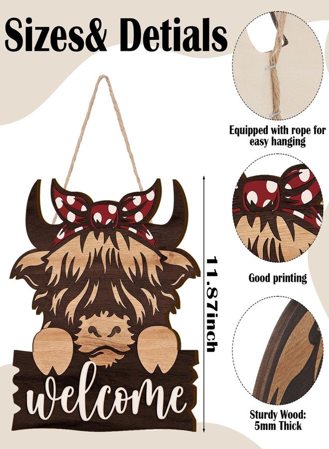 Sieral Highland Cow Decor Highland Cow Welcome Door Hanger Sign Rustic Brown Wooden Farmhouse Animal Decoration for Front Door Porch Window Decor Indoor Outdoor 12 x 11.87 Inches - Image 2