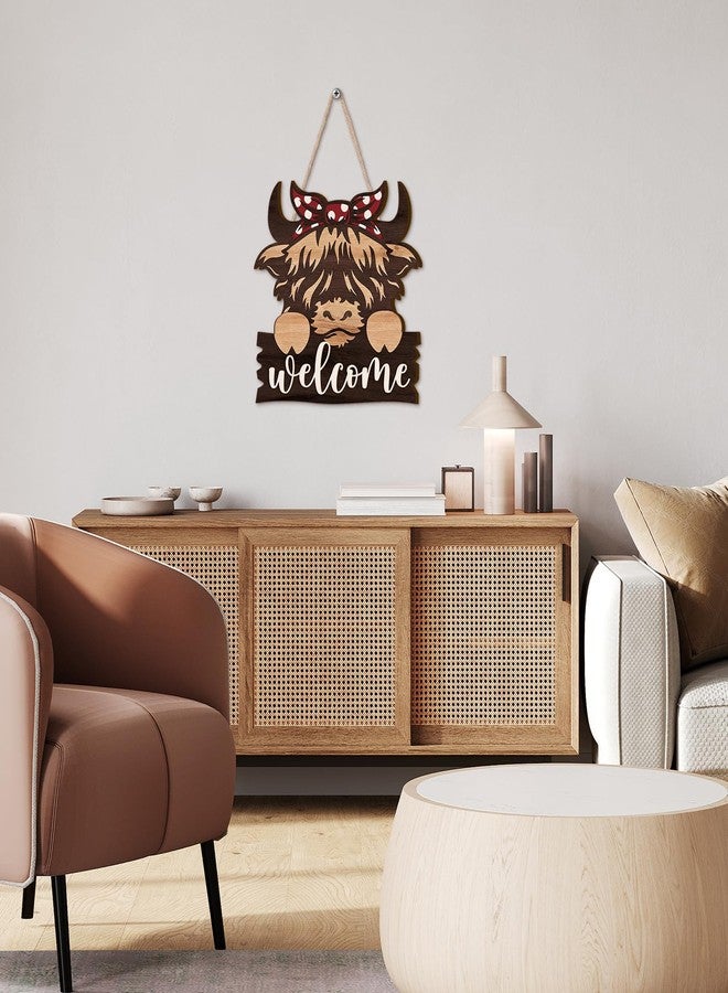 Sieral Highland Cow Decor Highland Cow Welcome Door Hanger Sign Rustic Brown Wooden Farmhouse Animal Decoration for Front Door Porch Window Decor Indoor Outdoor 12 x 11.87 Inches - Image 4