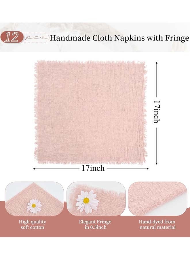 YIM-VIBEHAUS Cotton Linen Cloth Napkin, 12 Pcs Handmade Cloth Napkins with Fringe, 43x 43cm Soft Cloth Dinner Napkin Square Table Napkins for Dinners, Parties, Weddings, Wedding Napkin Pink - Image 2