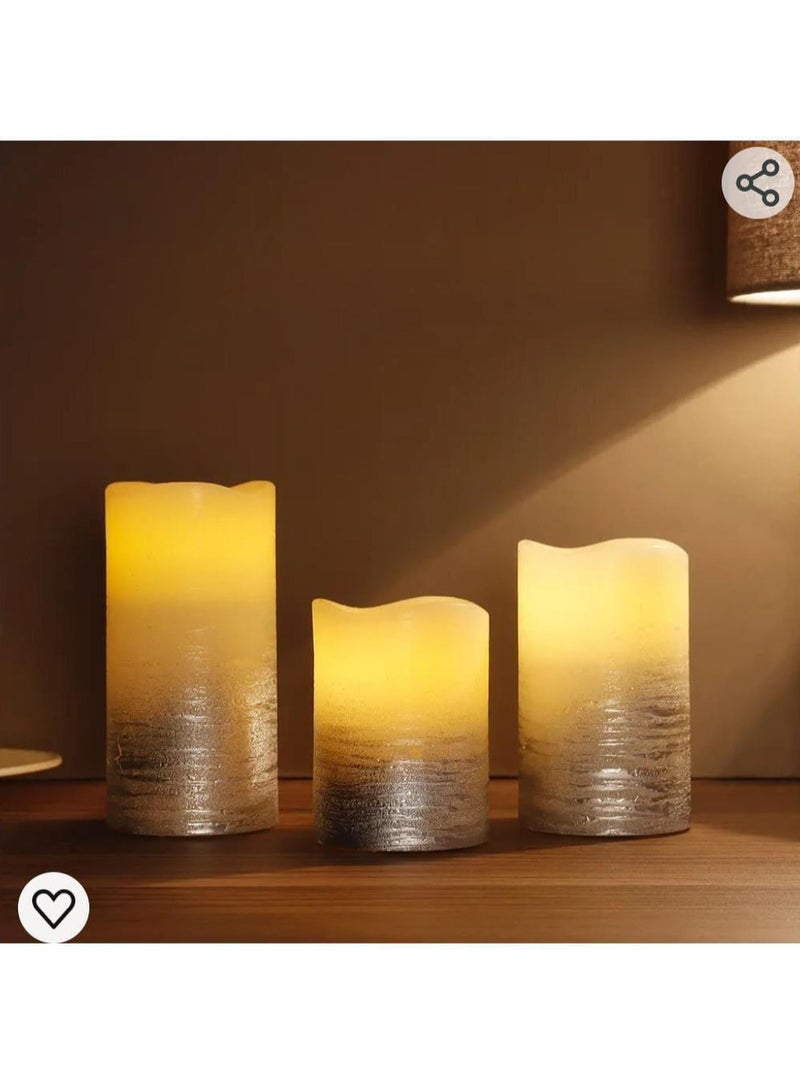 Set of 3 Silver Real Wax Battery Powered Candle Wave Edge Flameless Candles Flashing Electric Candles with 6-Hour Timer for Home Parties Events - Image 1