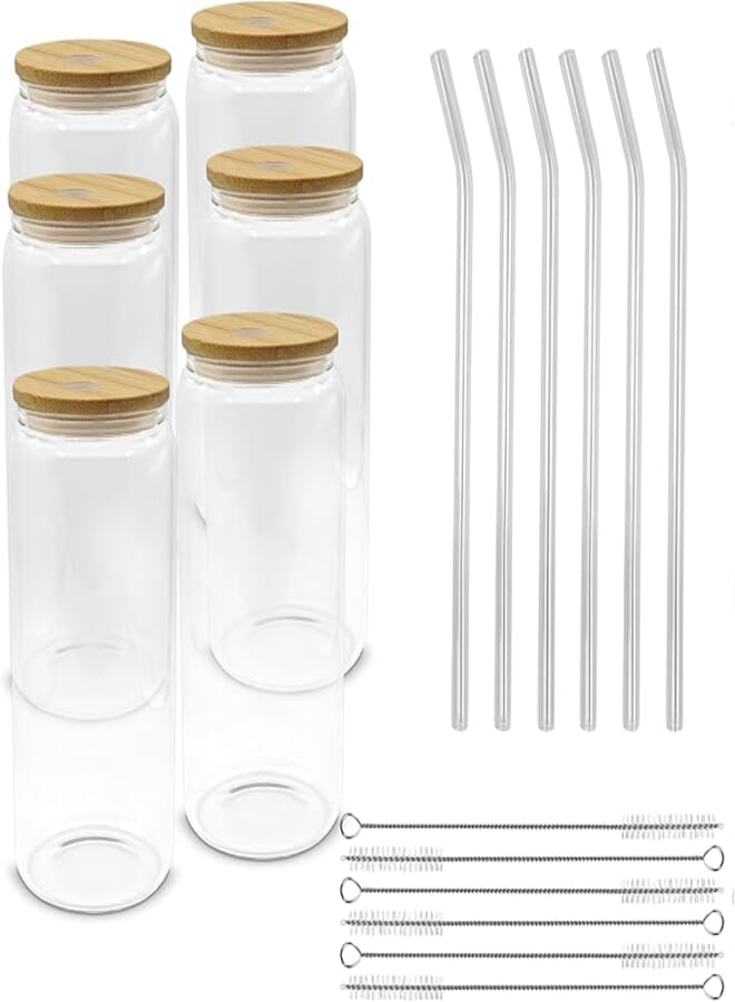 EMARI Sublimation Glass Blanks with Bamboo Lid, 22 OZ Clear Sublimation Beer Drinking Glasses, Glass Cups with Lids For Iced Coffee, Boba Tea, Smoothies (6 PCS)