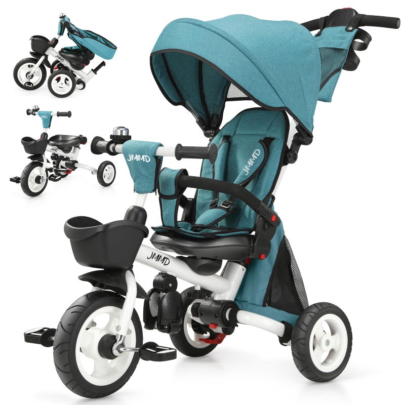JMMD 8 in 1 Tricycle Stroller with Push Handle, Foldable Trike with 360Â° Swivel Seat, Reclining Backrest, All-Terrain Wheels, Dual Brakes, Canopy & Storage, Gift for Kids 18 Months to 5 Years, Green - Image 1