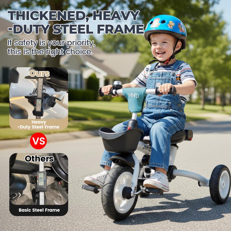 JMMD 8 in 1 Tricycle Stroller with Push Handle, Foldable Trike with 360Â° Swivel Seat, Reclining Backrest, All-Terrain Wheels, Dual Brakes, Canopy & Storage, Gift for Kids 18 Months to 5 Years, Green - Image 4