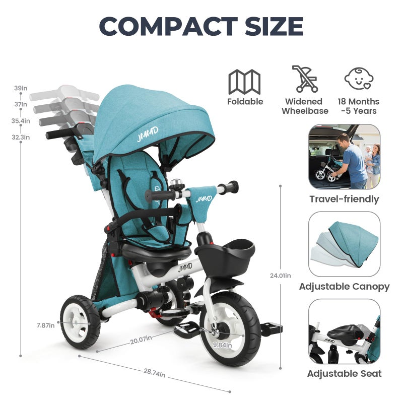 JMMD 8 in 1 Tricycle Stroller with Push Handle, Foldable Trike with 360Â° Swivel Seat, Reclining Backrest, All-Terrain Wheels, Dual Brakes, Canopy & Storage, Gift for Kids 18 Months to 5 Years, Green - Image 3