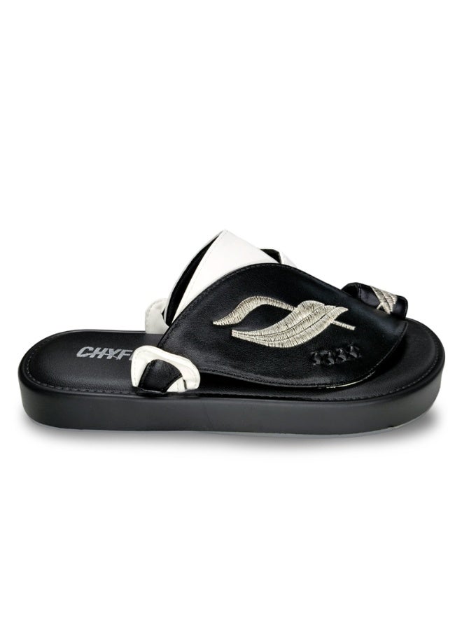 Men Arabic Style Two-Tone Toe Ring Slide Sandals, Embroidery Leaf Pattern Decor Flat Slippers, Soft Non Slip Casual Summer Slides Matching Thobe for Indoor Outdoor Daily Wear - Image 4