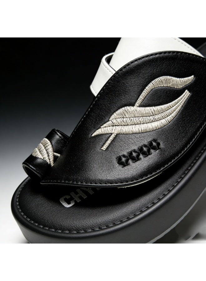 Men Arabic Style Two-Tone Toe Ring Slide Sandals, Embroidery Leaf Pattern Decor Flat Slippers, Soft Non Slip Casual Summer Slides Matching Thobe for Indoor Outdoor Daily Wear - Image 2