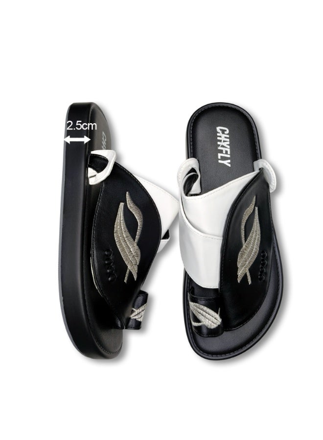 Men Arabic Style Two-Tone Toe Ring Slide Sandals, Embroidery Leaf Pattern Decor Flat Slippers, Soft Non Slip Casual Summer Slides Matching Thobe for Indoor Outdoor Daily Wear - Image 5