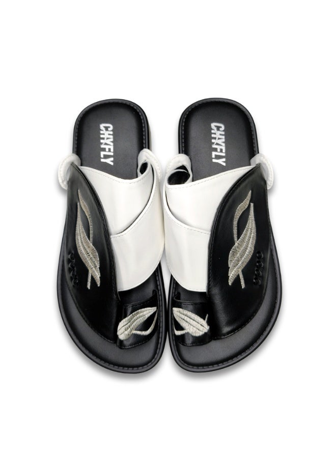 Men Arabic Style Two-Tone Toe Ring Slide Sandals, Embroidery Leaf Pattern Decor Flat Slippers, Soft Non Slip Casual Summer Slides Matching Thobe for Indoor Outdoor Daily Wear - Image 3