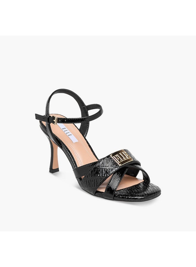 ELLE Women's Monogram Embossed Sandals with Stiletto Heels and Buckle Closure - Image 2