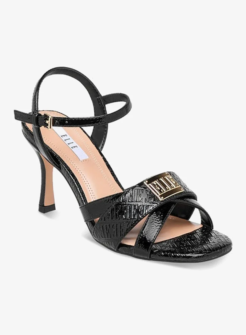 ELLE Women's Monogram Embossed Sandals with Stiletto Heels and Buckle Closure
