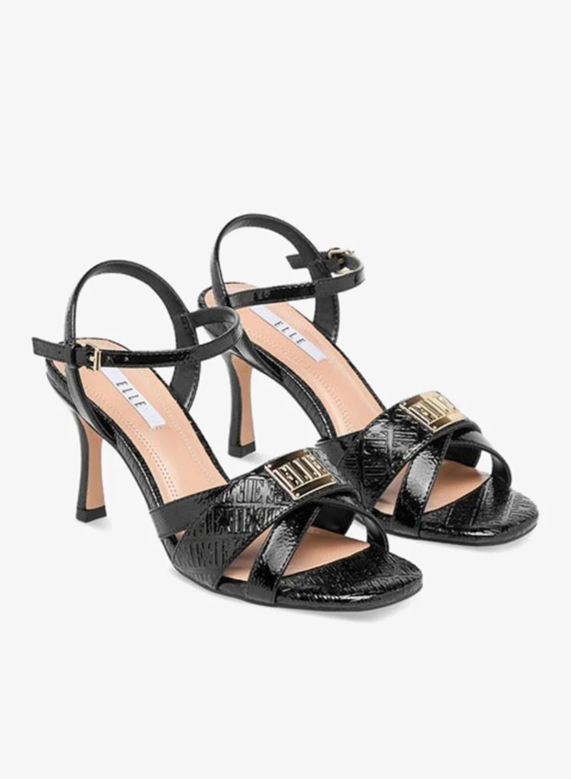 ELLE Women's Monogram Embossed Sandals with Stiletto Heels and Buckle Closure