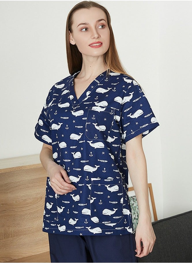 Loquat Unisex Printed V-Neck Medical Uniform Scrubs Top for Women/Men Workwear 