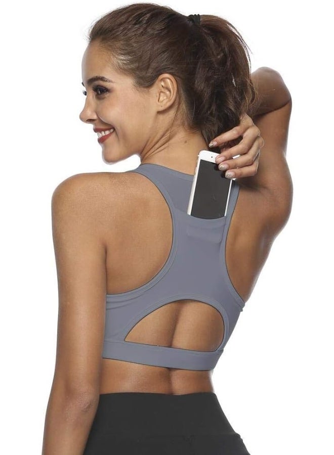 Rubik سوتيان رياضي للنساء مع جيب خلفي، بدون سلك، تأثير عالي، تصميم سباق سريع الجفاف، وسادة قابلة للإزالة، سوتيان نشط بدون seams للجري واليوغا وصالة الألعاب الرياضية (كبير) رمادي - Image 1