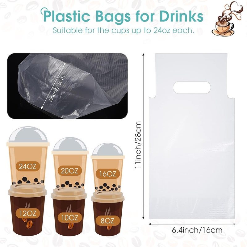 Teling 200 Pcs Clear Handle Drink Drinking Poly Plastic Packaging Bags Drink Carriers for Delivery Take Out Cup Holder Beverage Bar Restaurant Coffee Shop Supplies, 16 x 24 cm - Image 3