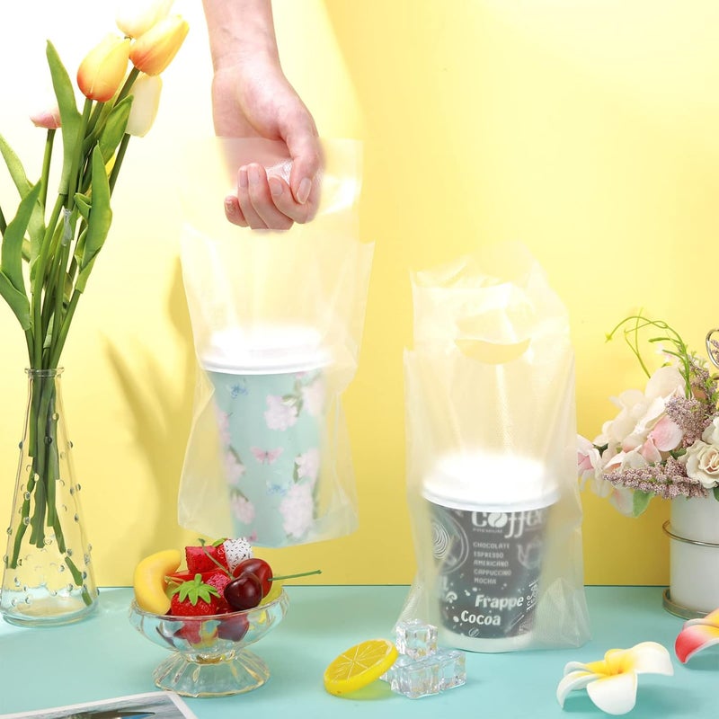 Teling 200 Pcs Clear Handle Drink Drinking Poly Plastic Packaging Bags Drink Carriers for Delivery Take Out Cup Holder Beverage Bar Restaurant Coffee Shop Supplies, 16 x 24 cm - Image 2