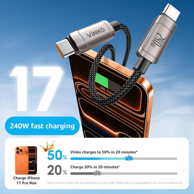Vinko 240W USB-C to USB-C Cable, Fast Charging & 480Mbps Data Sync, Braided Nylon Durable Cord for MacBook, iPhone 15 Series, Samsung, Laptops & All USB-C Devices (2M) - Image 5