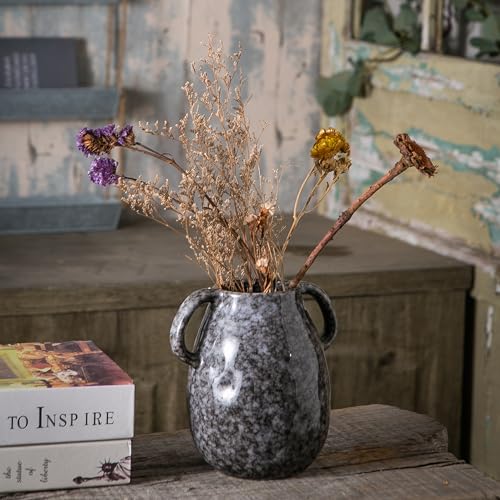 Tanvecle Black Ceramic Vase with 2 Handles, Modern Farmhouse Decor, Rustic Terracotta Pottery, Decorative Flower Vases, Clay Small Vase, Centerpiece for Dining Table - 7 Inch Tall - Image 3