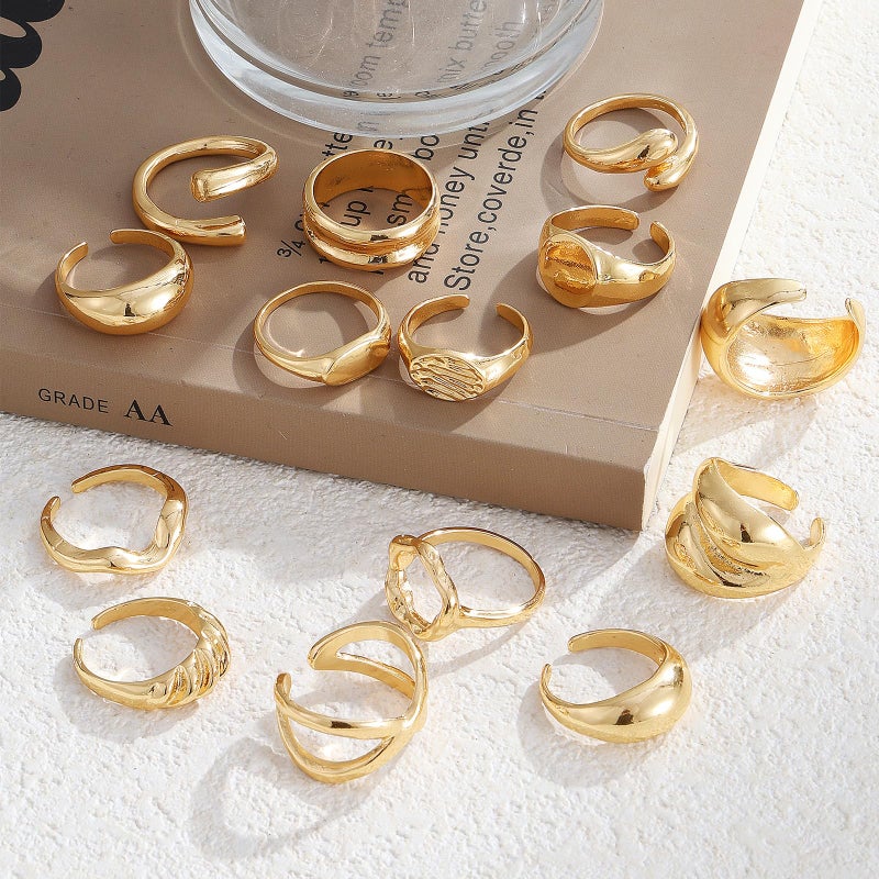 IFKM Gold Chunky Rings Set for Women 14k Gold Plated Thick Dome Stackable Open Rings Trendy Dainty Minimalist Jewelry Gifts (Flatbed wide format, Gold) - Image 5