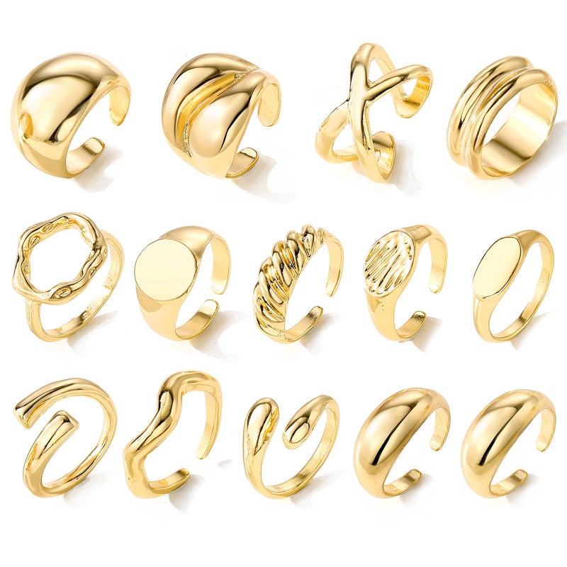 IFKM Gold Chunky Rings Set for Women 14k Gold Plated Thick Dome Stackable Open Rings Trendy Dainty Minimalist Jewelry Gifts (Flatbed wide format, Gold) - Image 1