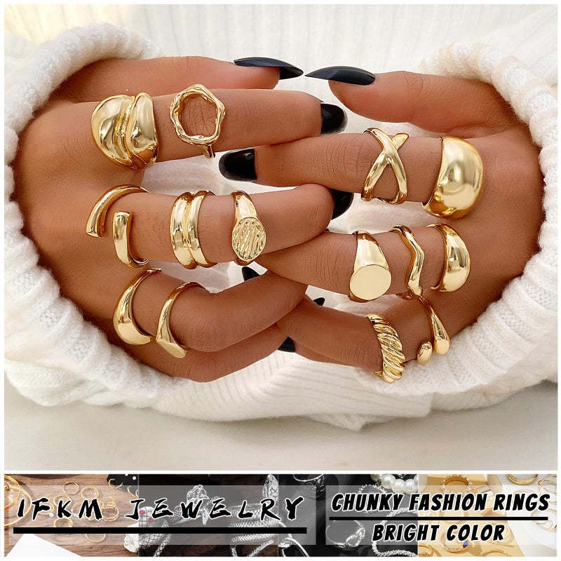 IFKM Gold Chunky Rings Set for Women 14k Gold Plated Thick Dome Stackable Open Rings Trendy Dainty Minimalist Jewelry Gifts (Flatbed wide format, Gold) - Image 2