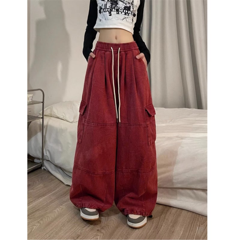 American Retro Pink Caught Pants For Men And Women Straight Loose Wide Leg High Waist Slimming Casual Pants Denim Pants - Image 1