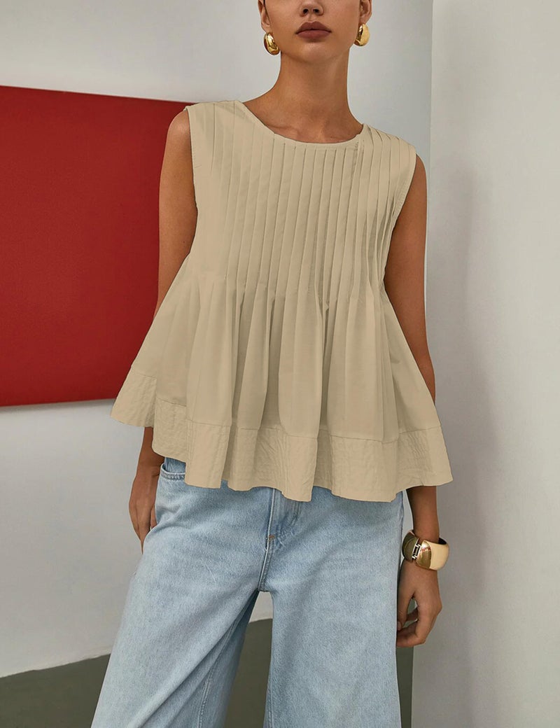 Lumister Womens Peplum Babydoll Tops Cute Pleated Sleeveless Ruffle Peplum Blouse T Shirts Tank Summer Tops Khaki - Image 2
