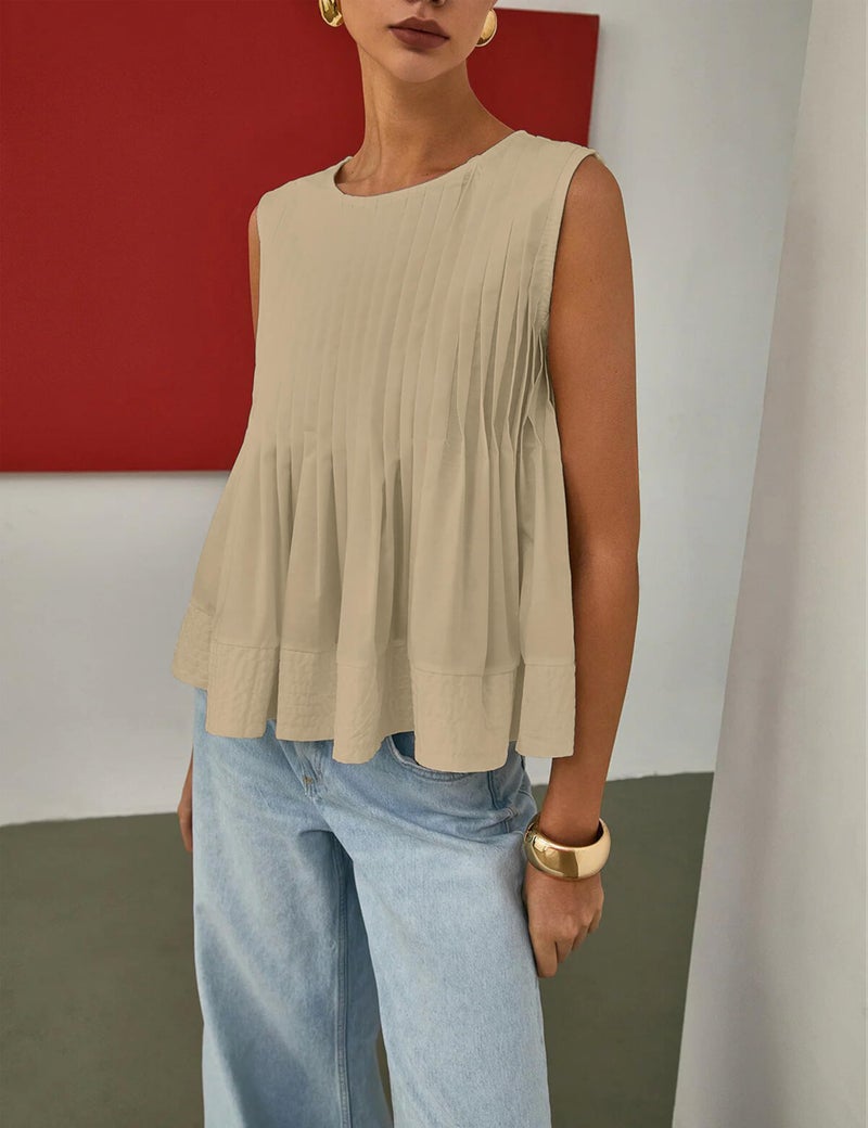 Lumister Womens Peplum Babydoll Tops Cute Pleated Sleeveless Ruffle Peplum Blouse T Shirts Tank Summer Tops Khaki - Image 4