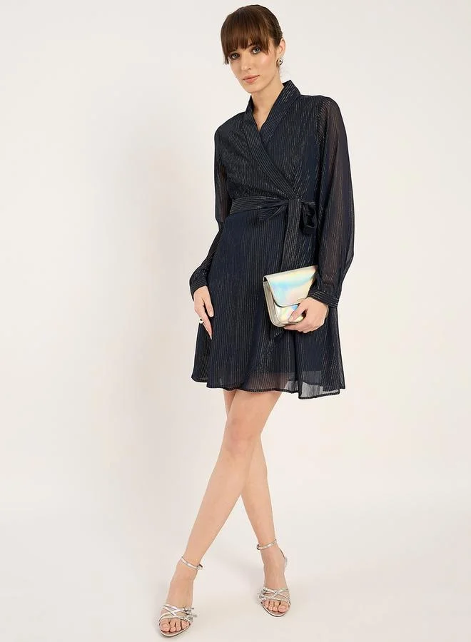 Femmella Femmella Textured V-Neck Wrap Mini Dress with Waist Tie Detail