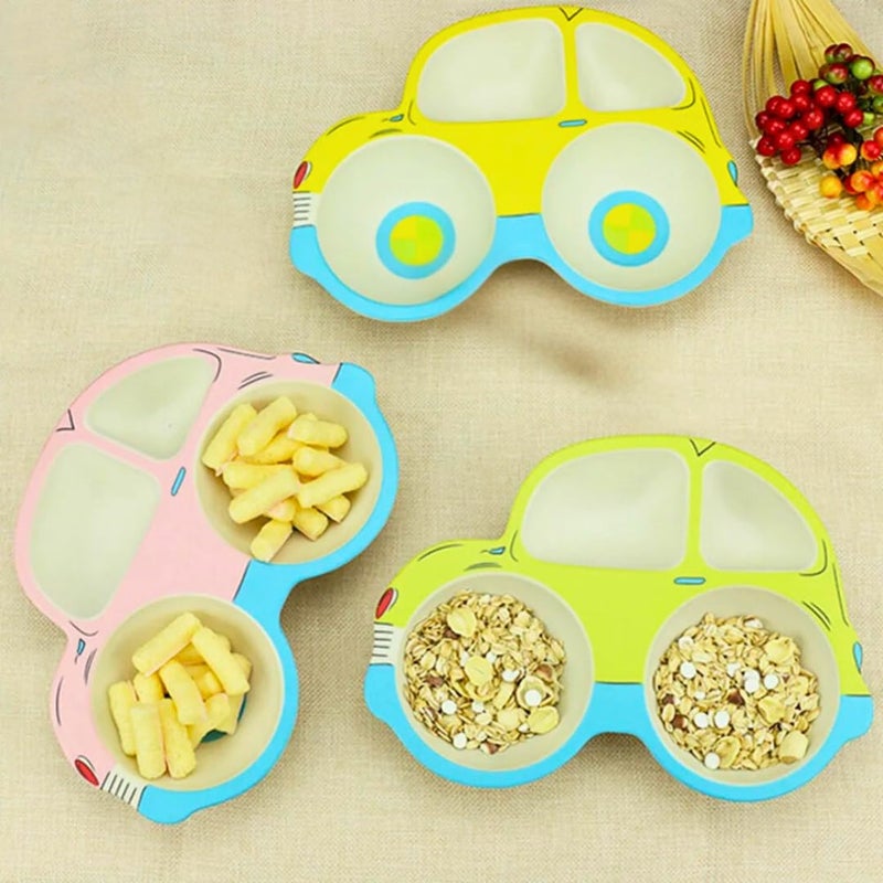 Car-Shaped Bamboo Fiber Weaning Bowls and Cutlery Set In Rondom Colors BPA-Free, 4pc Dinnerware Set with Plastic Spoon, Fork and Knife, Plate for Feeding and Outdoor Eco-Friendly (Pink & Light Blue) - Image 4