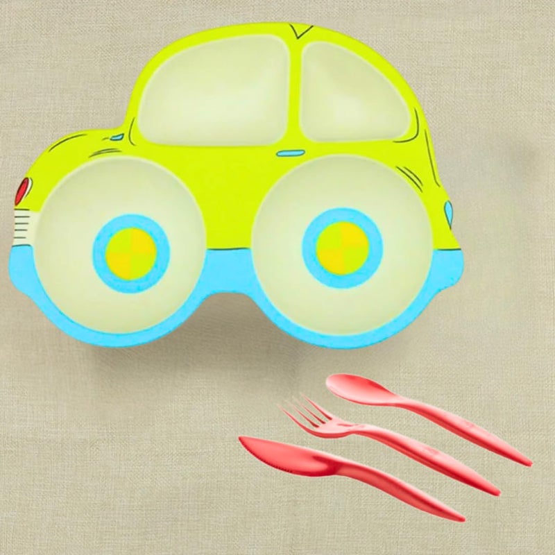 Car-Shaped Bamboo Fiber Weaning Bowls and Cutlery Set In Rondom Colors BPA-Free, 4pc Dinnerware Set with Plastic Spoon, Fork and Knife, Plate for Feeding and Outdoor Eco-Friendly (Pink & Light Blue) - Image 2