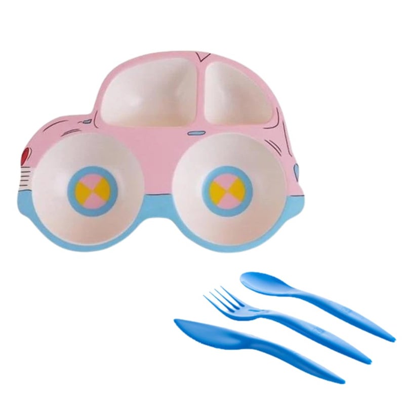 Car-Shaped Bamboo Fiber Weaning Bowls and Cutlery Set In Rondom Colors BPA-Free, 4pc Dinnerware Set with Plastic Spoon, Fork and Knife, Plate for Feeding and Outdoor Eco-Friendly (Pink & Light Blue) - Image 1