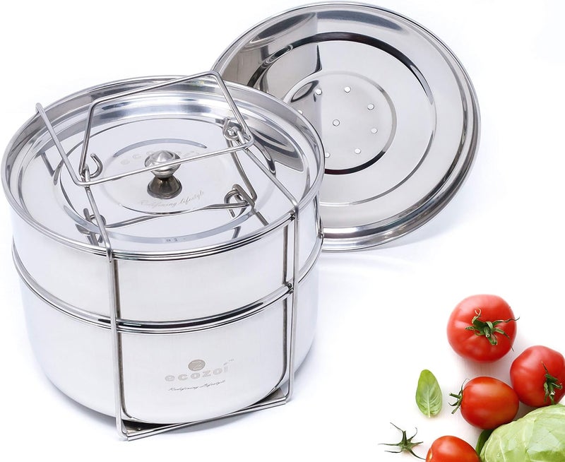 ecozoi Premium Extra Deep Stackable Steamer Insert Pans Pot in Pot for Instant Pot 6, 8 Quart Instant Pot Accessories - 2 Tier | Interchangeable Lids | Comes with 5 Additional Mini Cups for Baking - Image 1