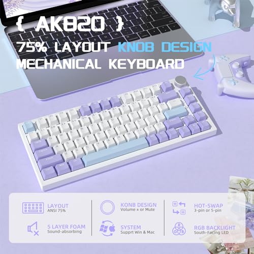 A-jazz لوحة مفاتيح ميكانيكية للألعاب A.JAZZ Attack Shark AK820 75% سلكية مع مقبض قابل للتبديل مخصص RGB لوحة مفاتيح NKRO مفتاح خطي ملح البحر لجهاز الكمبيوتر/ويندوز/ماك - بنفسجي/أزرق - Image 2