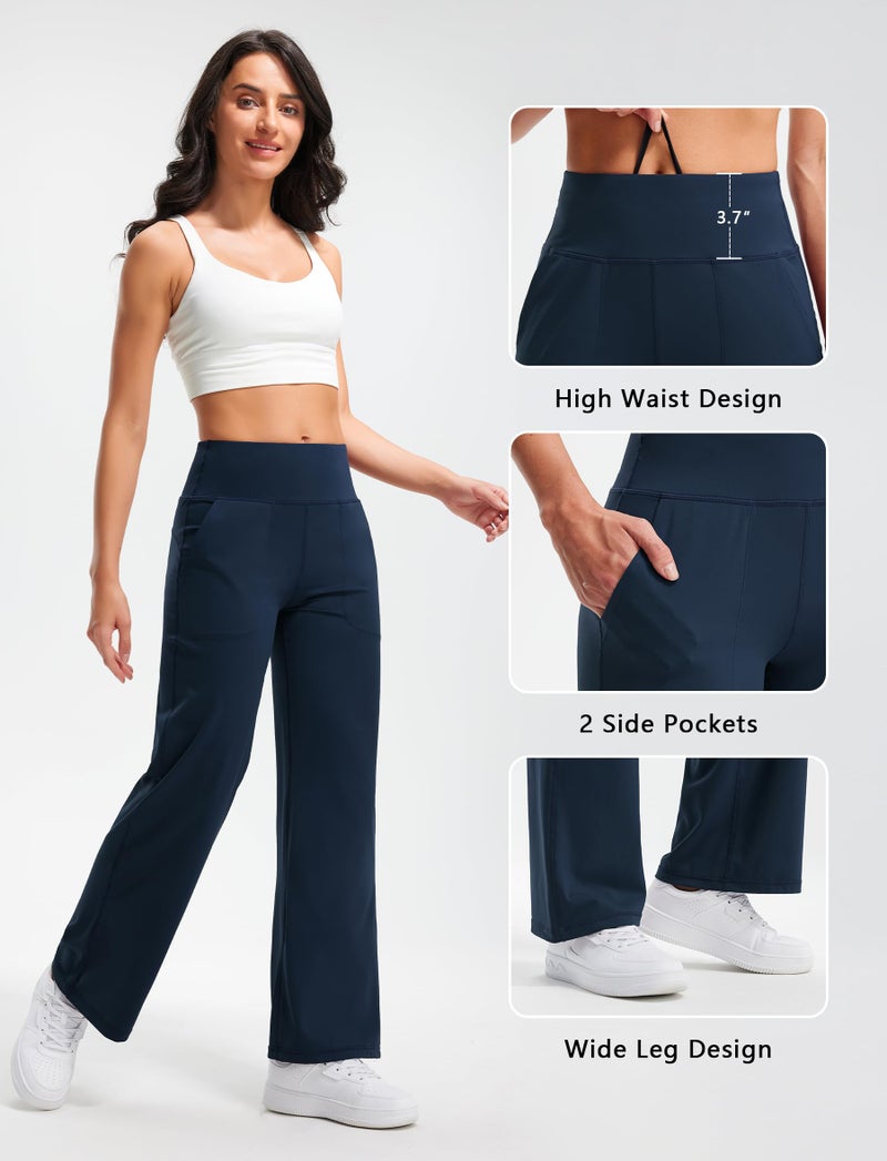 Libin Yoga Pants Women Wide Leg Pants 31" High Waist Comfy Stretch Loose Sweatpants Women Athletic Workout Track Casual Work Dress Pants with Pockets, Dark Navy, M - Image 4