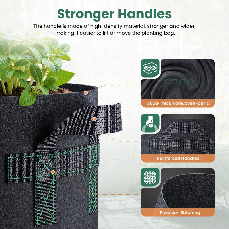 Jorvila 5 Pack 5 Gallon Grow Bags, Thickened Nonwoven Fabric Planter Pots with Handles, Heavy Duty 300G Garden Pots for Tomato, Potato and Vegetable - Image 3