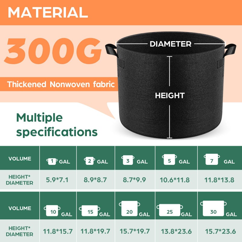 Jorvila 5 Pack 5 Gallon Grow Bags, Thickened Nonwoven Fabric Planter Pots with Handles, Heavy Duty 300G Garden Pots for Tomato, Potato and Vegetable - Image 2