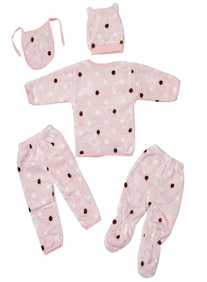 TENDSY Unisex Winter Wear 5Pcs Sets, Fleece Baby Suit To Keep Infant Warm (0-6 months, Pack of 1 Upper, 2 Pajamas, 1 Bib And 1 Cap) (Pink) - Image 4