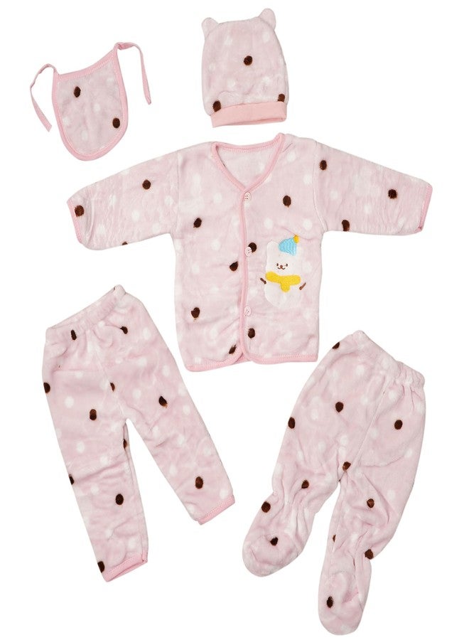 TENDSY Unisex Winter Wear 5Pcs Sets, Fleece Baby Suit To Keep Infant Warm (0-6 months, Pack of 1 Upper, 2 Pajamas, 1 Bib And 1 Cap) (Pink) - Image 1