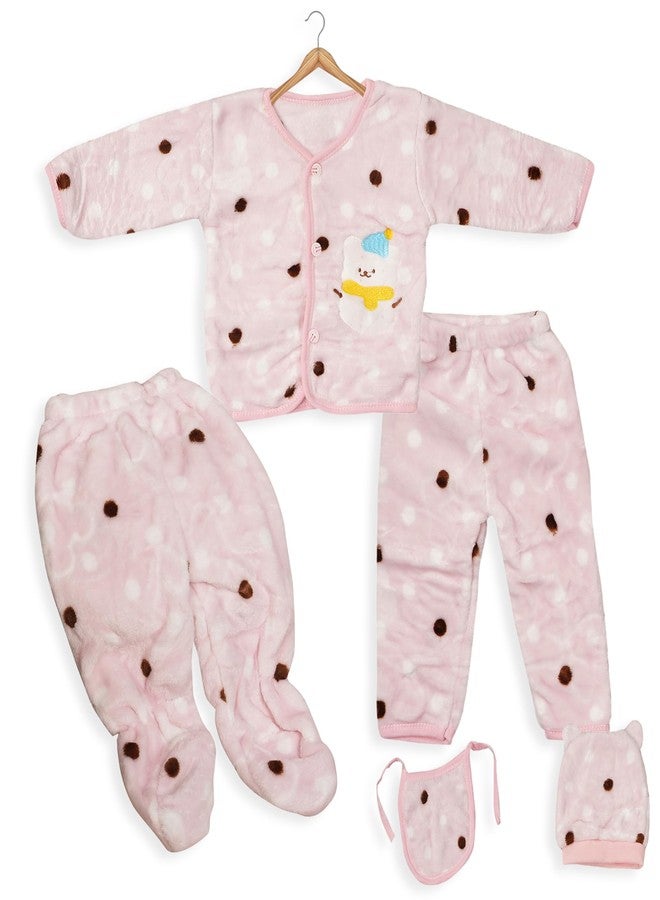 TENDSY Unisex Winter Wear 5Pcs Sets, Fleece Baby Suit To Keep Infant Warm (0-6 months, Pack of 1 Upper, 2 Pajamas, 1 Bib And 1 Cap) (Pink) - Image 2