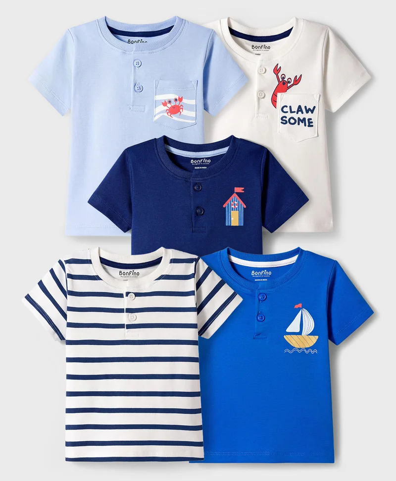 Bonfino Bonfino 5-Pack 100% Cotton Short Sleeve Henley T-Shirts With Placement Print - Multicolor