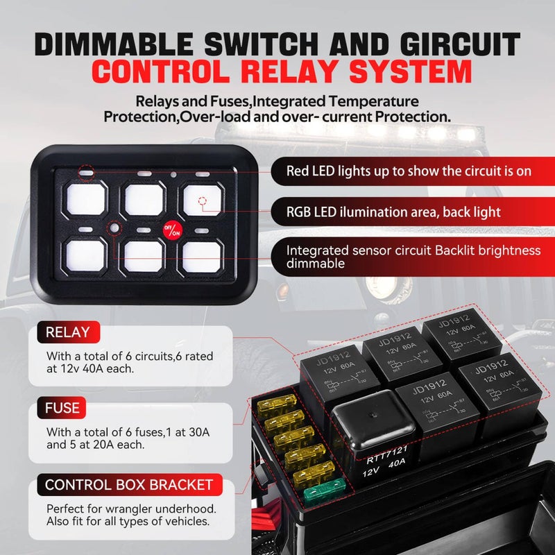 BARTOO 6 Gang Switch Panel with Automatic Dimmable On-Off LED Switch Pod Universal Circuit Control Relay System with Fuse Wiring Harness for Truck Jeep Trailer Car RV ATV UTV SUV - Image 2