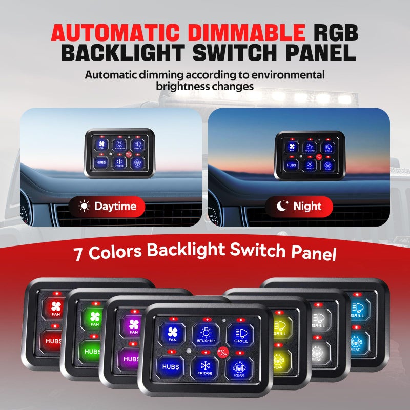 BARTOO 6 Gang Switch Panel with Automatic Dimmable On-Off LED Switch Pod Universal Circuit Control Relay System with Fuse Wiring Harness for Truck Jeep Trailer Car RV ATV UTV SUV - Image 3