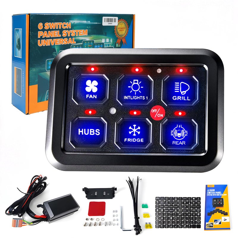 BARTOO 6 Gang Switch Panel with Automatic Dimmable On-Off LED Switch Pod Universal Circuit Control Relay System with Fuse Wiring Harness for Truck Jeep Trailer Car RV ATV UTV SUV - Image 1