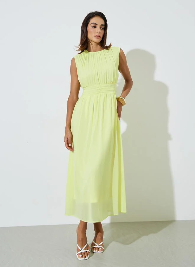 ستايلي Yellow Sleeveless Pleated A-Line Midi Dress