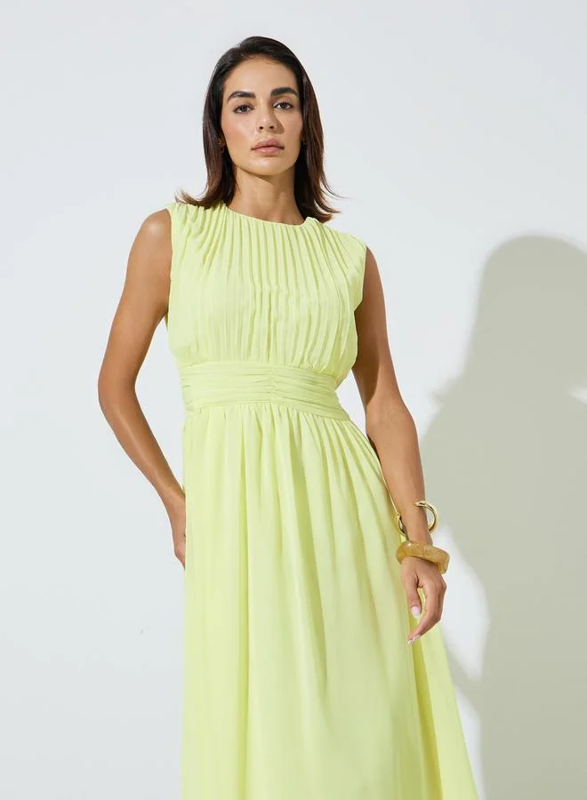 ستايلي Yellow Sleeveless Pleated A-Line Midi Dress