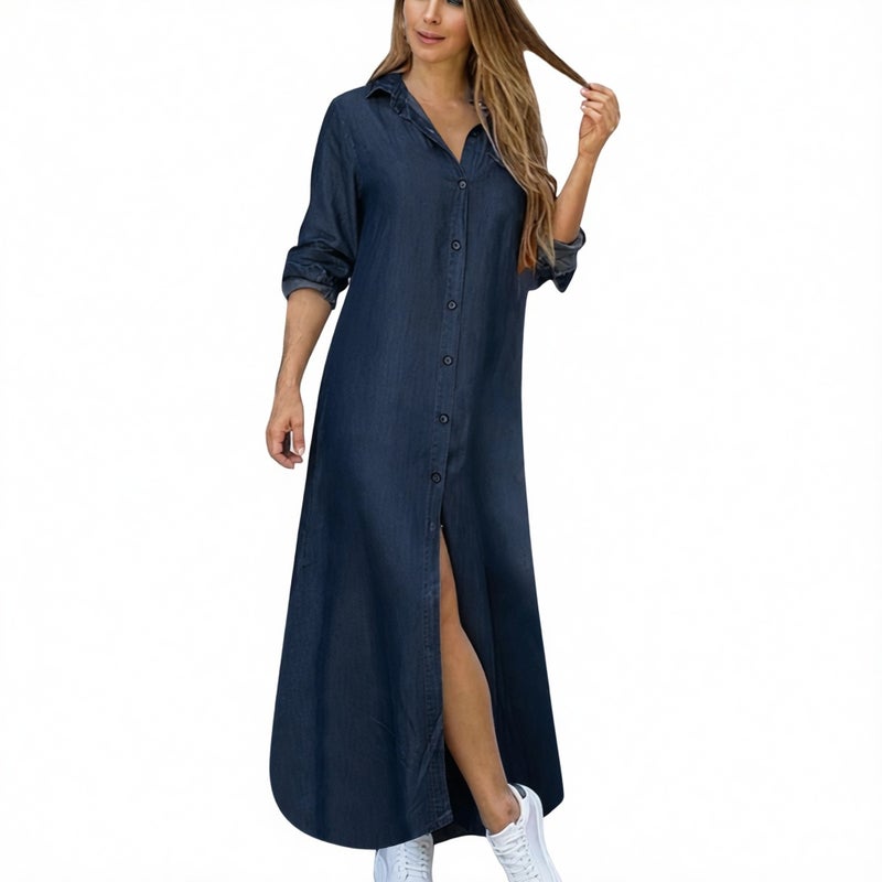 Denim Print Button Front Long Dress with Shirt Collar - Image 1