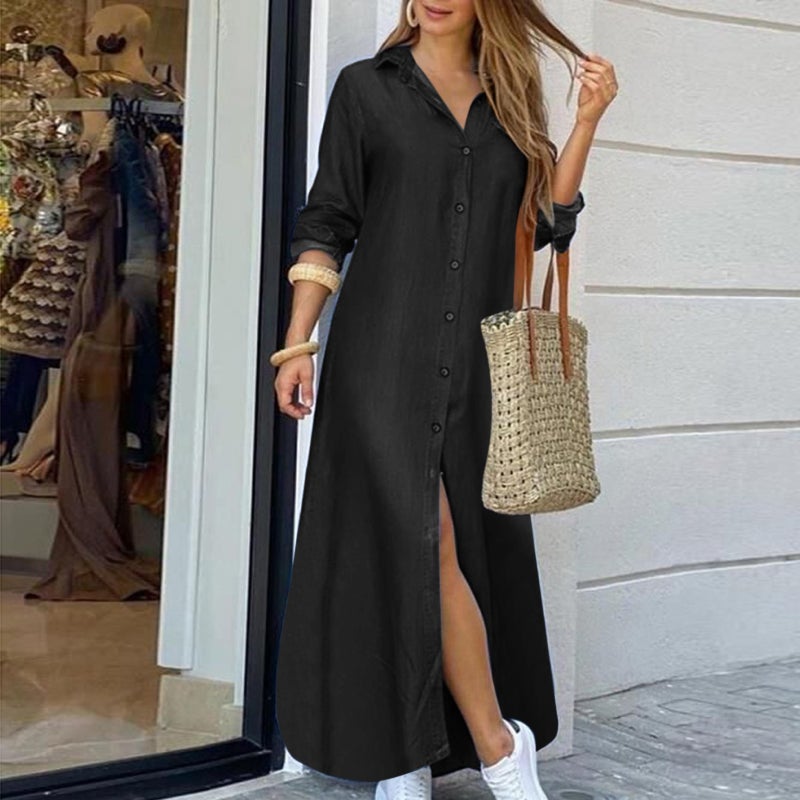 Denim Print Button Front Long Dress with Shirt Collar - Image 2